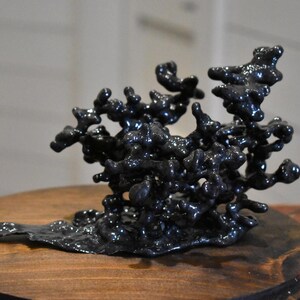 May include: A dark, glossy, black sculpture with an irregular, organic, and porous structure. The object features numerous interconnected, rounded, and bulbous protrusions that create a complex, branching, and three-dimensional form.