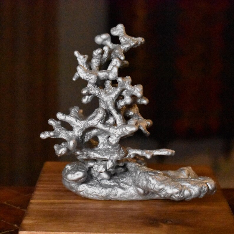May include: A silver-colored metallic sculpture featuring an intricate, branching structure that resembles natural coral. The object has a textured, uneven surface with multiple protruding arms and a solid, rounded base that supports the vertical form.