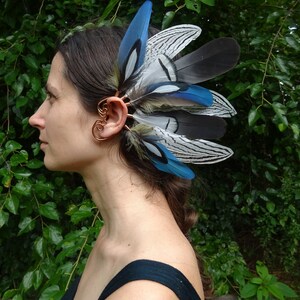 Blue Macaw and Peacock Feather Earcuff