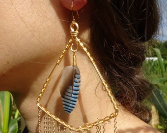 Wire-Wrapped Blue Jay Feather Earrings