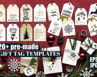 May include: A collection of 120+ pre-made Christmas gift tag templates featuring various designs with gold glitter accents. The tags are white with black and gold illustrations and text. The text includes phrases like "Santa was good to you this year", "Warm Wishes", "Merry Christmas", and "Spread Love".