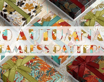 May include: 20 Autumnal Seamless Patterns. A collection of gift boxes wrapped in various autumnal patterns featuring leaves, branches, and dots in shades of red, orange, yellow, green, and brown.
