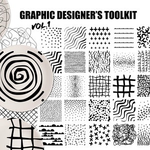 Puede incluir: Un conjunto de 20 patrones de diseño gráfico en blanco y negro. Los patrones están dispuestos en una cuadrícula e incluyen formas geométricas, líneas, puntos y espirales. El texto "GRAPHIC DESIGNER'S TOOLKIT vol. 1" está en la parte superior de la imagen.