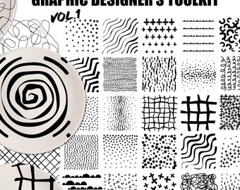 May include: A set of 20 black and white graphic design patterns. The patterns are arranged in a grid and include geometric shapes, lines, dots, and swirls. The text "GRAPHIC DESIGNER'S TOOLKIT vol. 1" is at the top of the image.