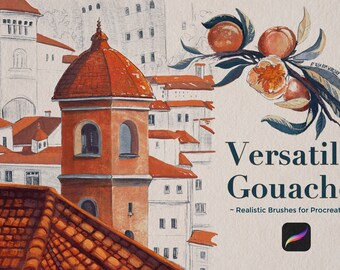 May include: A digital illustration of a cityscape with a red-tiled roof in the foreground. The background features a building with a dome-shaped roof and a branch of peach blossoms with fruit. The text "Versatile Gouache - Realistic Brushes for Procreate" is displayed below the image.