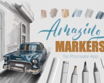 May include: A set of digital markers for the Procreate app. The markers are shown in a variety of colors, including brown, gray, and blue. The text "Amazing Markers for Procreate App" is also shown in the image.