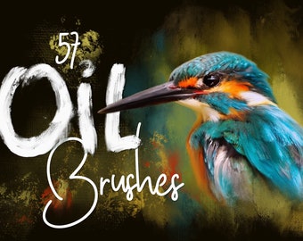 May include: 57 Oil Brushes text in white paint on a dark background with a colorful painting of a kingfisher bird.