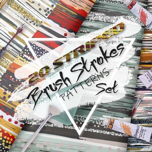 May include: 20 Striped Brush Strokes Patterns Set. A collection of 20 digital seamless patterns featuring colorful brush strokes in various styles. The patterns are perfect for creating backgrounds, textures, and designs for a variety of projects.