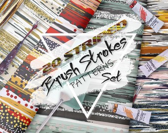 May include: 20 Striped Brush Strokes Patterns Set. A collection of 20 digital seamless patterns featuring colorful brush strokes in various styles. The patterns are perfect for creating backgrounds, textures, and designs for a variety of projects.
