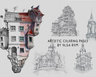 May include: Black and white line drawings of various buildings, including a clock tower, a windmill, and a multi-story building. The text "ARTISTIC COLORING PAGES BY OLGA ROM" is written in black at the bottom of the image.