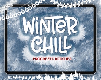 May include: A digital tablet screen displaying the text "Winter Chill Procreate Brushes" on a blue and white background with a wintery theme. The background features a frosty design and white snowflakes.
