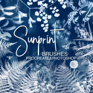 Pode incluir: Um conjunto de pincéis digitais para Procreate e Photoshop com silhuetas brancas de várias plantas e insetos sobre um fundo azul. O texto "Sunprint - Brushes: Procreate & Photoshop" é exibido na imagem.