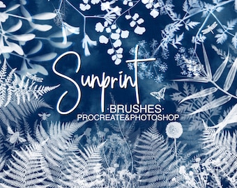 May include: A set of digital brushes for Procreate and Photoshop featuring white silhouettes of various plants and insects on a blue background. The text "Sunprint - Brushes: Procreate & Photoshop" is displayed on the image.