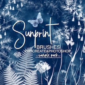 Pode incluir: Uma ilustração digital de desenhos florais e borboletas brancas sobre um fundo azul. O texto "Sunprint Brushes Procreate & Photoshop - sample pack -" está incluído na imagem.