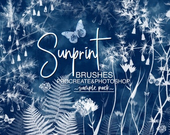 May include: A digital illustration of white floral and butterfly designs on a blue background. The text "Sunprint Brushes Procreate & Photoshop - sample pack -" is included in the image.