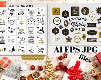 May include: A set of 26 black and gold Christmas countdown stickers with numbers and festive phrases. The stickers are arranged in a grid pattern on a white background. The text "COUNT DOWN FOR CHRISTMAS KIT" is written in black cursive lettering. The stickers are perfect for creating a festive advent calendar.