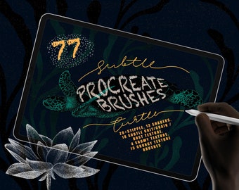 May include: A digital illustration of a sea turtle with a dark blue background. The text "77 Subtle Procreate Brushes Turtle" is written in a handwritten font. The text describes the product, which is a set of 77 digital brushes for the Procreate app.