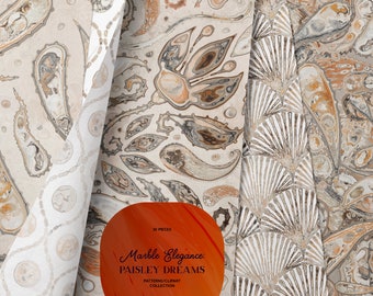 May include: A digital paper pack with 30 pieces of marble-style paisley patterns. The patterns are in shades of brown, white, and gray. The text "Marble Elegance: Paisley Dreams" is on a red circle.