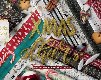 May include: A collection of 60+ Christmas themed vector seamless patterns. The patterns feature a variety of festive designs, including snowflakes, trees, ornaments, and candy canes. The patterns are perfect for creating holiday cards, wrapping paper, and other festive crafts.