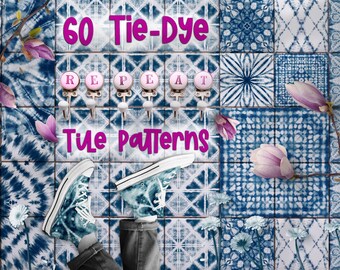 May include: 60 Tie-Dye Tile Patterns. A collection of blue and white tie-dye patterned tiles with a pair of blue and white tie-dye sneakers on top of the tiles. The word "REPEAT" is spelled out on five pink and white knobs.