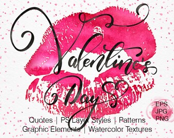 May include: Watercolor illustration of a pink lipstick kiss with the text "Valentine's Day" in black calligraphy. The background is a white canvas with pink hearts scattered throughout.