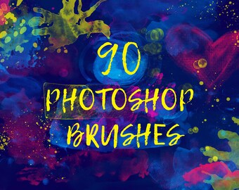 May include: A colorful abstract background with blue, pink, yellow, and green watercolor paint splatters. The text "90 Photoshop Brushes" is written in yellow.