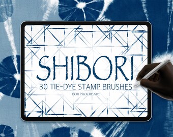 May include: A digital tablet displaying a graphic design of a geometric pattern with the text "SHIBORI 30 TIE-DYE STAMP BRUSHES FOR PROCREATE" on a white background.