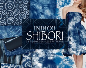 May include: A collection of 33 indigo shibori tie-dye seamless patterns. The patterns are in shades of blue and white and feature a variety of designs, including circles, swirls, and stripes. The text "INDIGO SHIBORI 33 TIE-DYE SEAMLESS PATTERNS 4000x4000px JPG/PNG 300dpi" is displayed in the center of the image.