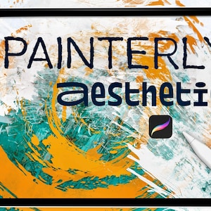 Könnte beinhalten: Eine digitale Illustration eines Tablets mit einem bunten abstrakten Hintergrund. Der Text "PAINTERLY aesthetic" ist in Schwarz auf dem Bildschirm geschrieben. Ein weißer Stift liegt auf dem Tablet.