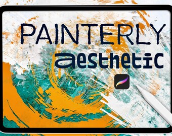 May include: A digital illustration of a tablet with a colorful abstract background. The text "PAINTERLY aesthetic" is written in black on the screen. A white stylus is lying on the tablet.