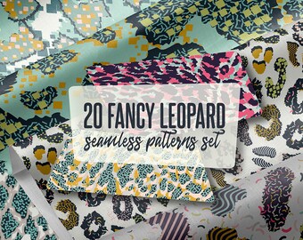 May include: A collection of patterned papers with various leopard print designs in shades of teal, pink, yellow, and black. The papers are arranged with a label that reads "20 FANCY LEOPARD seamless patterns set."