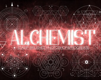 May include: A set of digital stamp brushes for Photoshop and Procreate featuring geometric designs with a white outline on a red background. The text "ALCHEMIST" is in white with a white outline. The text "STAMP BRUSHES PHOTOSHOP & PROCREATE" is in white.