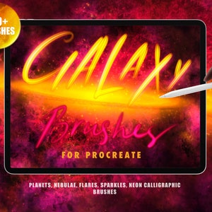 May include: A digital illustration of a galaxy with a bright yellow and orange nebula. The text "GALAXY BRUSHES FOR PROCREATE" is written in a stylized font. The text "PLANETS, NEBULAE, FLARES, SPARKLES, NEON CALLIGRAPHIC BRUSHES" is written below the main text.