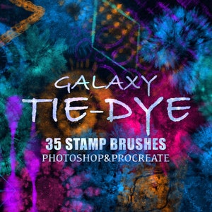 May include: A digital illustration of 35 galaxy tie-dye stamp brushes for Photoshop and Procreate. The image features a colorful background with various shades of blue, purple, pink, and orange.