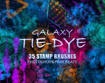 May include: A digital illustration of 35 galaxy tie-dye stamp brushes for Photoshop and Procreate. The image features a colorful background with various shades of blue, purple, pink, and orange.