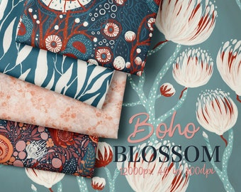 May include: A set of four fabric swatches with different floral patterns. The patterns feature white, red, and blue flowers on a dark blue background. The text "Boho BLOSSOM 12000px 40 in 300dpi" is printed on the bottom of the image.