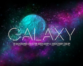 May include: A collection of 30 galaxy backgrounds in a variety of colors, including blue, purple, and green. The backgrounds are 4000x4000 pixels and 3000x2000 pixels, and they are 300 DPI. The text "GALAXY" is in white and is centered on the image. The text "30 BACKGROUNDS COLLECTION 4000x4000PX & 3000x2000PX 300 DPI" is also in white and is centered below the word "GALAXY".