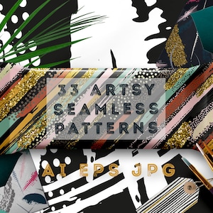 May include: A collection of 33 artsy seamless patterns in AI, EPS, and JPG formats. The patterns feature a variety of abstract designs, including geometric shapes, brushstrokes, and glitter accents. The patterns are perfect for use in digital and print projects.