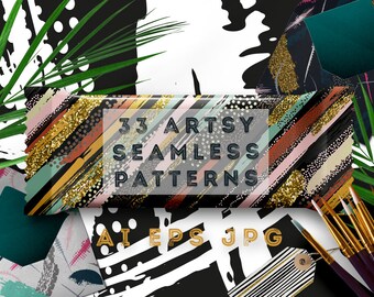 May include: A collection of 33 artsy seamless patterns in AI, EPS, and JPG formats. The patterns feature a variety of abstract designs, including geometric shapes, brushstrokes, and glitter accents. The patterns are perfect for use in digital and print projects.