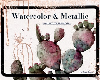 Könnte beinhalten: Eine digitale Illustration von Aquarell- und Metallic-Pinseln für Procreate, die einen Kaktus mit rosa und grünen Farbtönen zeigt. Das Bild ist vor einem weißen Hintergrund mit goldenen Metallic-Tropfen platziert.