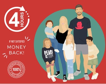 May include: A family portrait illustration of six people, two adults and four children. The adults are standing in the center, with the children standing in front of them. The adults are wearing casual clothing, and the children are wearing a variety of clothing, including a shirt that says "Peace is Love". The background is a solid red color with a green circle in the center.