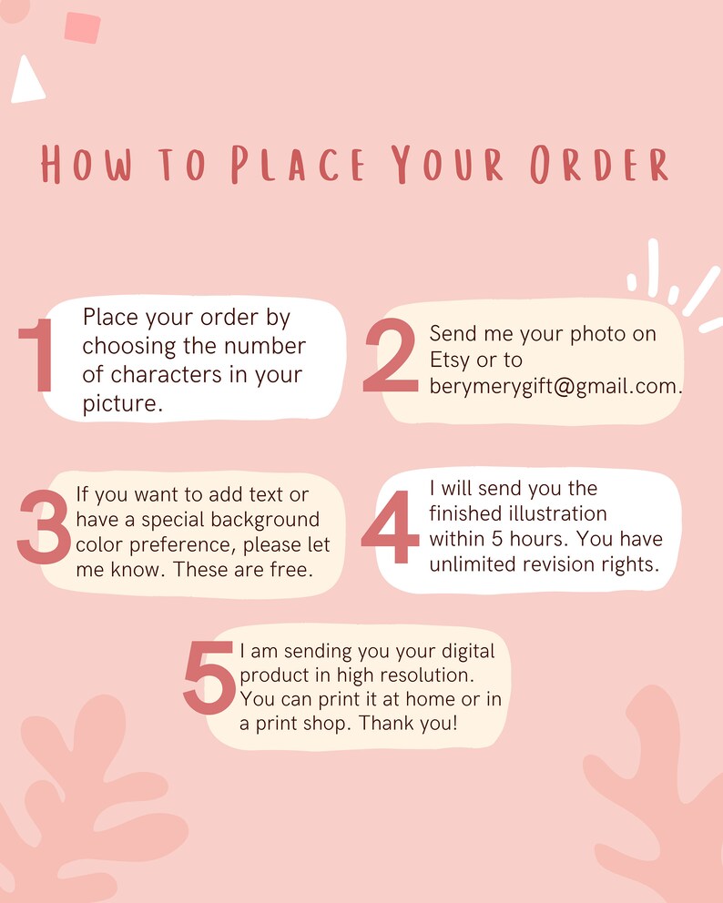 May include: Pink and white graphic with five steps on how to place an order for a custom illustration. The steps include choosing the number of characters in your picture, sending a photo, adding text or a special background colour, receiving the finished illustration within 5 hours, and receiving the digital product in high resolution.
