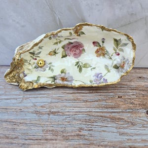 Handmade Decoupage Oyster Shell Dish | Coastal Decor | Jewelry Holder | Trinket Dish | Gifts For Her | Floral