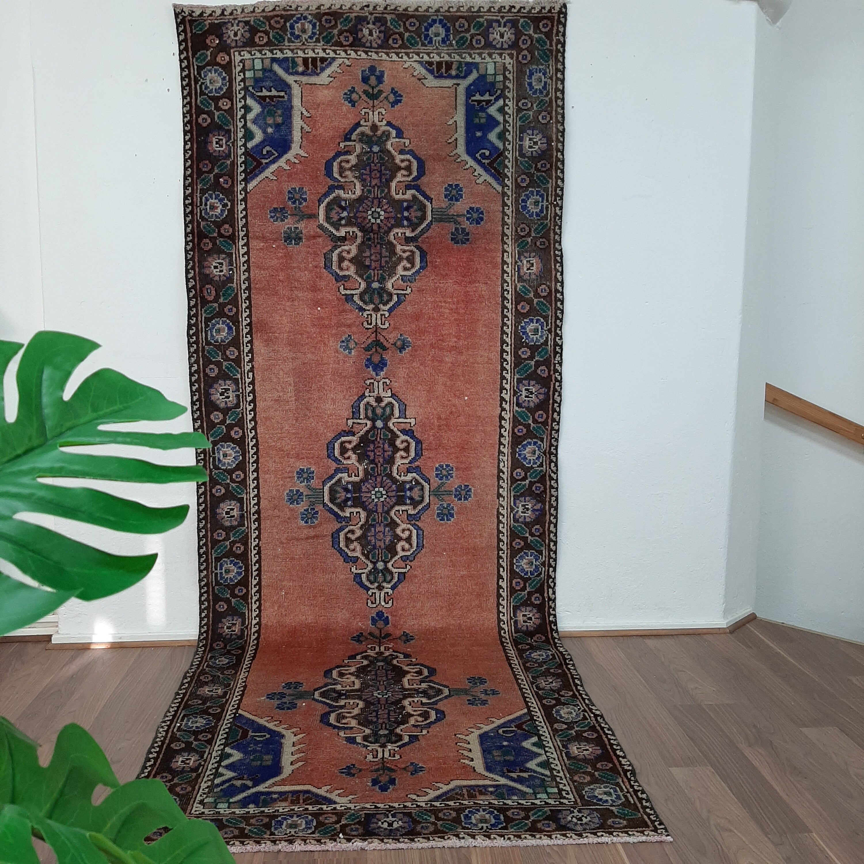Grand Tapis Couloir Hamedan Vintage Laine Fait Main 367x87 Cm - Oriental Traditionnel