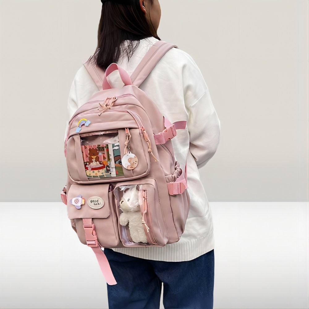 Kawaii Backpack With Plush And Coin Purse Harajuku School Bag Daypack Pastel  Goth Aesthetic Bookbag For Teen Girls (white)