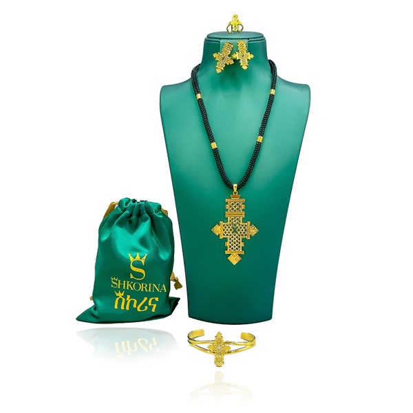 Shkorina Cross Habesha Jewelry women Set gold plated With Gift Jewelry Pouch | Ethiopian Jewelry Set | Eritrean Jewelry Set