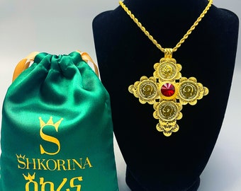 Shkorina Cross Habesha Jewelry gold plated With Gift Jewelry Pouch  Ethiopian Jewelry Pendant Necklace  Eritrean Jewelry Pendant