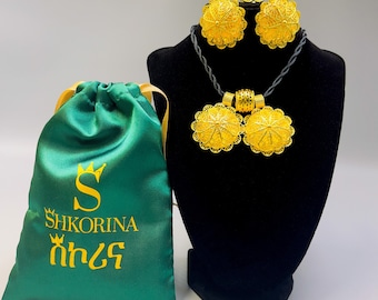 Shkorina Habesha Jewelry Set gold plated With Gift Jewelry Pouch | Ethiopian Jewelry Set | Eritrean Jewelry Set