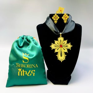 Shkorina Cross Habesha Jewelry Set gold plated With Gift Jewelry Pouch | Ethiopian Jewelry Set | Eritrean Jewelry Set