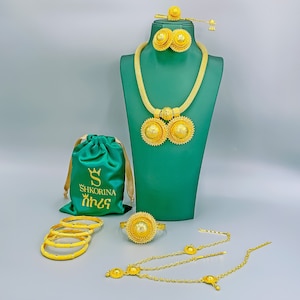 Shkorina Big Habesha Jewelry Set gold plated With Gift Jewelry Pouch | Ethiopian Jewelry Set | Eritrean Jewelry Set